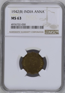 NGC MS 63 graded Nickel Brass One Anna Coin of King George VI of Bombay Mint of 1942.