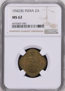 NGC MS 62 graded Nickel Brass Two Annas Coin of King George VI of Bombay Mint of 1942.