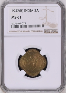 NGC MS 61 graded Nickel Brass Two Annas Coin of King George VI of Bombay Mint of 1942.