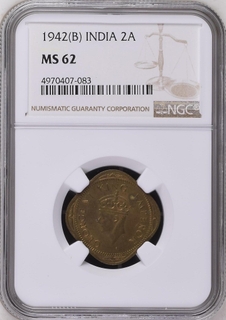 NGC MS 62 graded Nickel Brass Two Annas Coin of King George VI of  Bombay Mint of 1942.