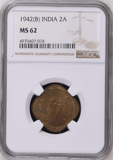NGC  MS 62 graded Nickel Brass Two Annas Coin of King George VI of Bombay Mint of  1942.