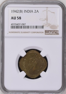 NGC AU 58 graded Nickel Brass Two Annas Coin of King George VI of Bombay Mint of 1942.