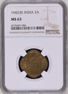 NGC MS 63 graded Nickel Brass Two Annas Coin of  King George VI of Bombay Mint of 1942.