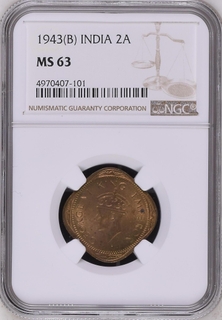 NGC MS 63 graded Nickel Brass Two Annas Coin of King George VI of Bombay Mint of 1943.