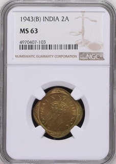 NGC MS 63 graded Nickel Brass Two Annas Coin of King George VI of Bombay Mint of  1943.