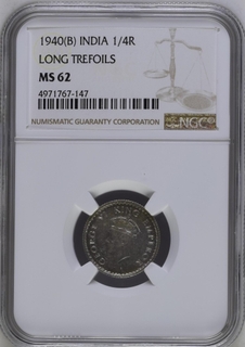 NGC MS 62 graded Silver Quarter Rupee Coin of King George VI of Bombay Mint of 1940.