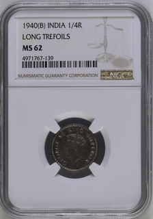 NGC MS 62 graded silver Quarter Rupee Coin of King George VI of Bombay Mint of  1940.