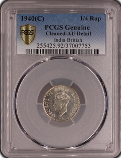 PCGS Genuine Cleaned AU Detail graded Silver Quarter Rupee Coin of King George VI of Calcutta Mint of 1940.