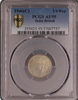 PCGS AU 55 graded Silver Quarter Rupee Coin of King George VI of Calcutta Mint of 1940.