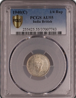PCGS AU 55 graded Silver Quarter Rupee Coin of King George VI of Calcutta Mint of 1940.
