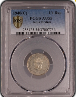 PCGS AU 55 graded Silver 1/4 Rupee Coin of King George VI of Calcutta Mint of 1940.