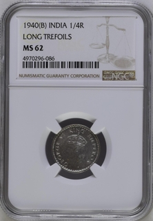 NGC MS 62 graded Silver Quarter Rupee Coin of  King George VI of Bombay Mint of  1940.