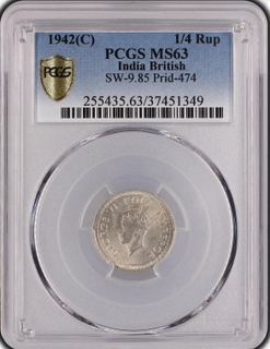 PCGS MS 63 graded Silver Quarter Rupee Coins of King George VI of Calcutta Mint of 1942.