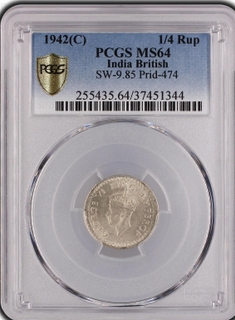 PCGS MS 64 graded Silver Quarter Rupee Coin King George VI of Calcutta Mint of 1942.