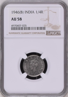 NGC AU 58 graded Nickel Quarter Rupee Coin of King George VI of Bombay Mint of 1946.