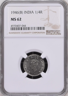 NGC MS 62 graded Nickel Quarter Rupee Coin of King George VI of Bombay Mint of 1946.