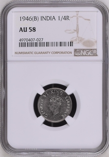 NGC AU 58 graded Nickel Quarter Rupee Coin of King George VI of Bombay Mint of 1946.