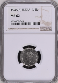 NGC MS 62 graded Nickel Quarter Rupee Coin of King George VI of Bombay Mint of 1946.