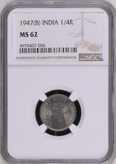 NGC MS 62 graded Nickel Quarter Rupee Coin of King George VI of  Bombay Mint of 1947.
