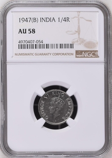 NGC as AU 58 graded Nickel Quarter Rupee Coin of King George VI of Bombay Mint of  1947.