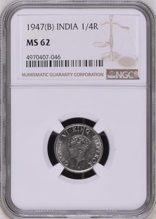 NGC MS 62 graded Nickel Quarter Rupee Coin of King George VI of Bombay Mint of 1947.