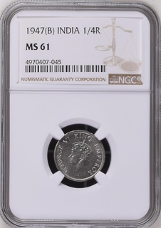 NGC MS 61 graded Nickel Quarter Rupee Coin of King George VI of Bombay Mint of 1947.