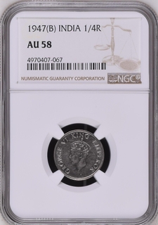 NGC AU 58 graded Nickel Quarter Rupee Coin of King George VI of Bombay Mint of 1947.