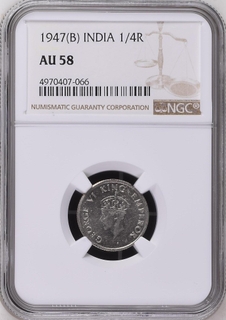 NGC AU 58 graded Nickel Quarter Rupee Coin of King George VI of Bombay Mint of 1947.