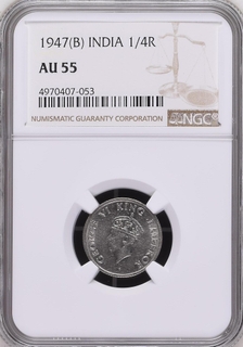 NGC AU 55 graded Nickel Quarter Rupee Coin of King George VI of Bombay Mint of 1947.