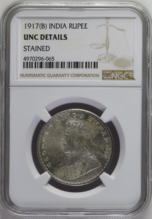 NGC UNC DETAILS graded Silver One Rupee Coin of King George V of Bombay Mint of 1917..