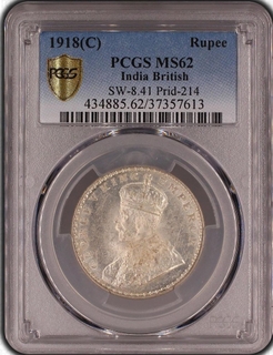 PCGS MS 62 graded Silver One Rupee Coin of King George V of Calcutta Mint of  1918.