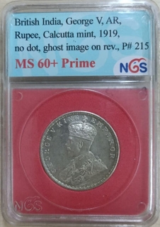 NGS MS 60+ Prime graded Silver One Rupee Coin of King George V of Calcutta Mint of 1919. 