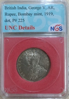 NGS UNC Details graded Silver One Rupee Coin of King George V of Bombay Mint of 1919. 