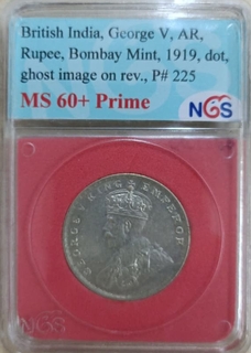 NGS as MS 60+ Prime graded Silver One Rupee Coin of King George V of Bombay Mint of 1919. 