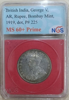 NGS as MS 60+ Prime graded Silver One Rupee Coin of King George V of Bombay Mint of 1919. 
