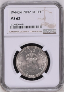 NGC MS 62 graded Silver One Rupee Coin of King George VI of Bombay Mint of  1944.