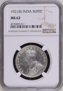 NGC MS 62 graded Silver One Rupee Coin of King George V of Bombay Mint of 1921.