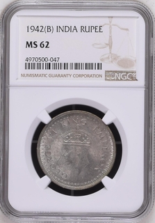 NGC MS 62 graded Silver Rupee Coin of King George VI of Bombay Mint of 1942.