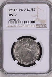 NGC MS 62 graded Silver One Rupee Coin of King George VI of Bombay Mint of  1944.
