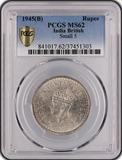 PCGS MS 62 graded Silver One Rupee Coin of King George VI of Bombay Mint of 1945.