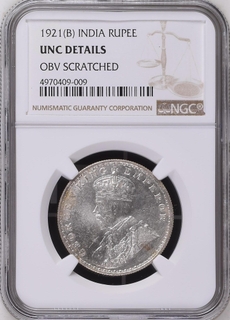 NGC UNC DETAILS graded Silver One Rupee Coin of King George V of Bombay Mint of 1921.