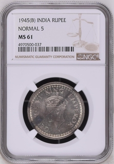 NGC MS 61 graded Silver One Rupee Coin of King George VI of Bombay Mint of 1945.