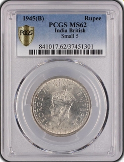 PCGS MS 62 graded Silver One Rupee Coin of King George VI of Bombay Mint of 1945.