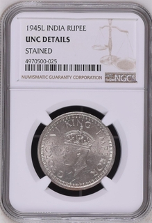 NGC UNC DETAILS graded Silver  One Rupee Coin of King George VI of Lahore Mint of 1945.