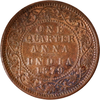 Rare Year Copper One Quarter Anna Coin of Victoria Empress of Calcutta Mint of 1879.