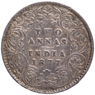 Rare Year Silver Two Annas Coin of Victoria Empress of Calcutta Mint of 1877.
