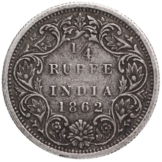 Silver Quarter Rupee Coin of Victoria Queen of Bombay Mint of 1862.