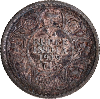 Silver Quarter Rupee Coin of King George V of Calcutta Mint of 1919.