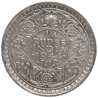 Silver Quarter Rupee Coin of King George VI of Bombay Mint of 1944.