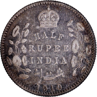 Silver Half Rupee Coin of King Edward VII of Calcutta Mint of 1910.